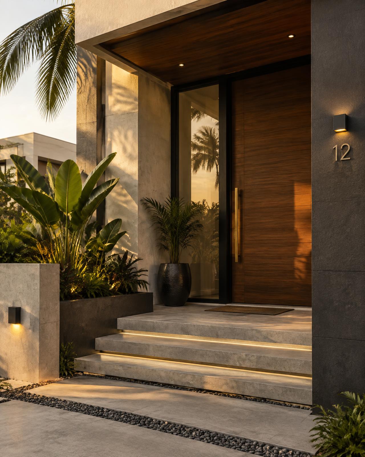The entrance of a modern Lagos home in warm evening light
