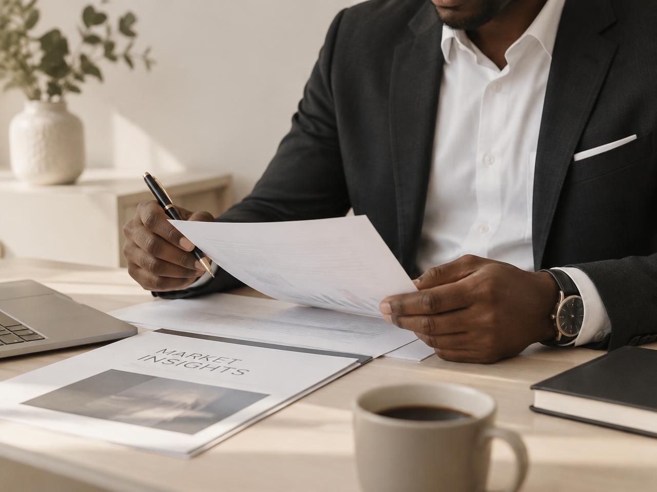 An analyst reviewing verification documents at a desk